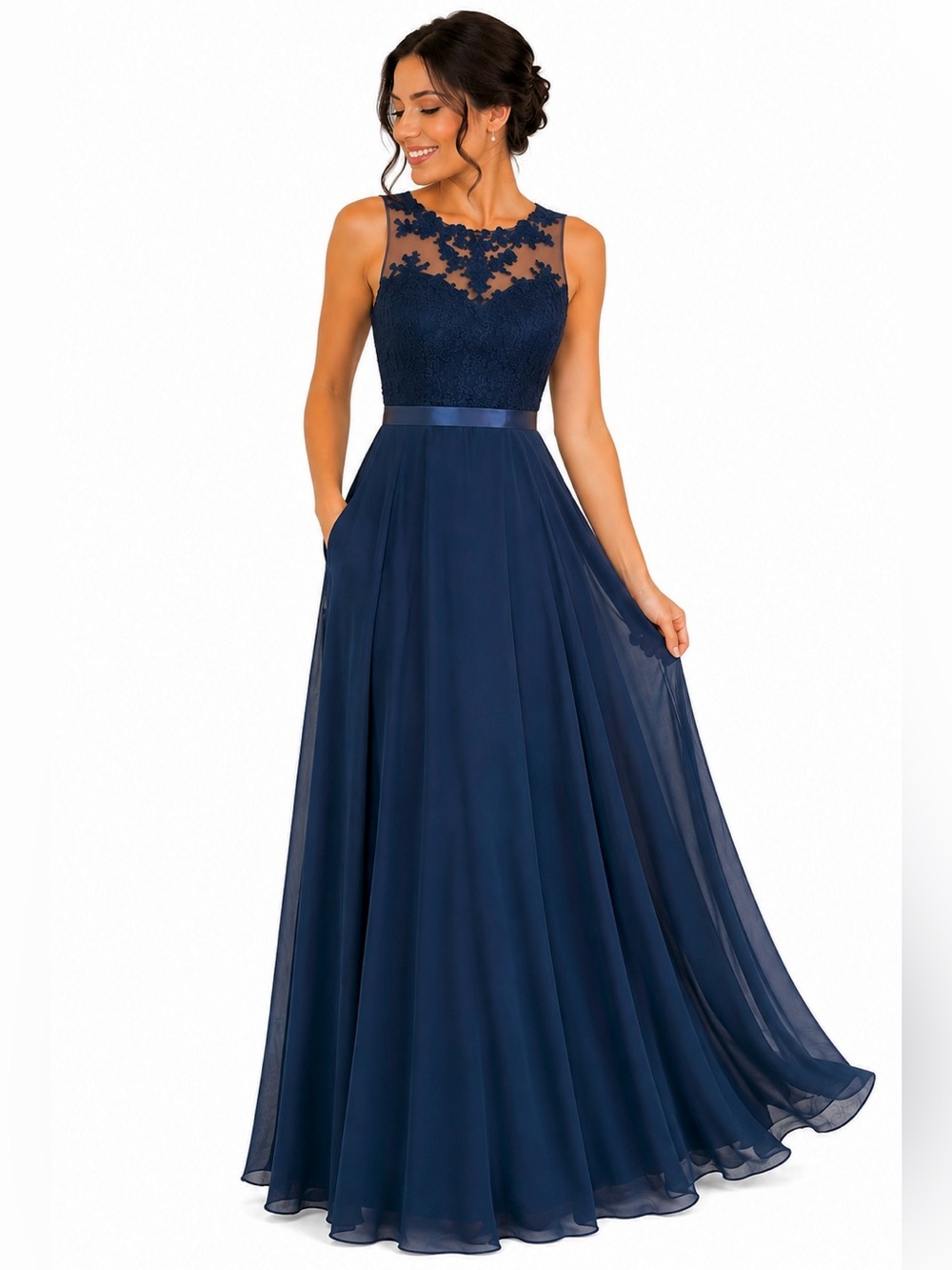 Ashley Justin Navy Chiffon Bridesmaid Dress Illusion Lace Bodice lace formal 10